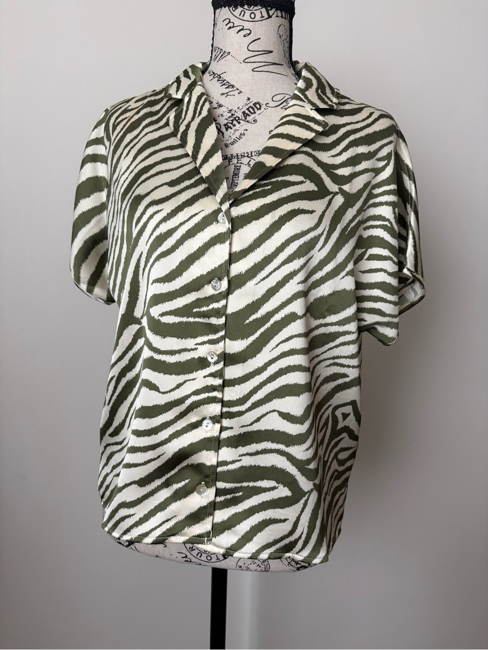 Rachel Zoe Olive and White Zebra-Print Button Down Top